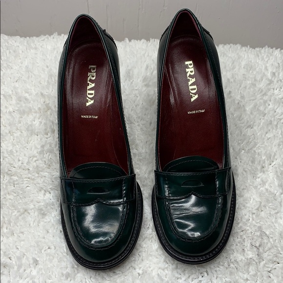 Prada Shoes - Prada Green Leather Penny Loafer Heels